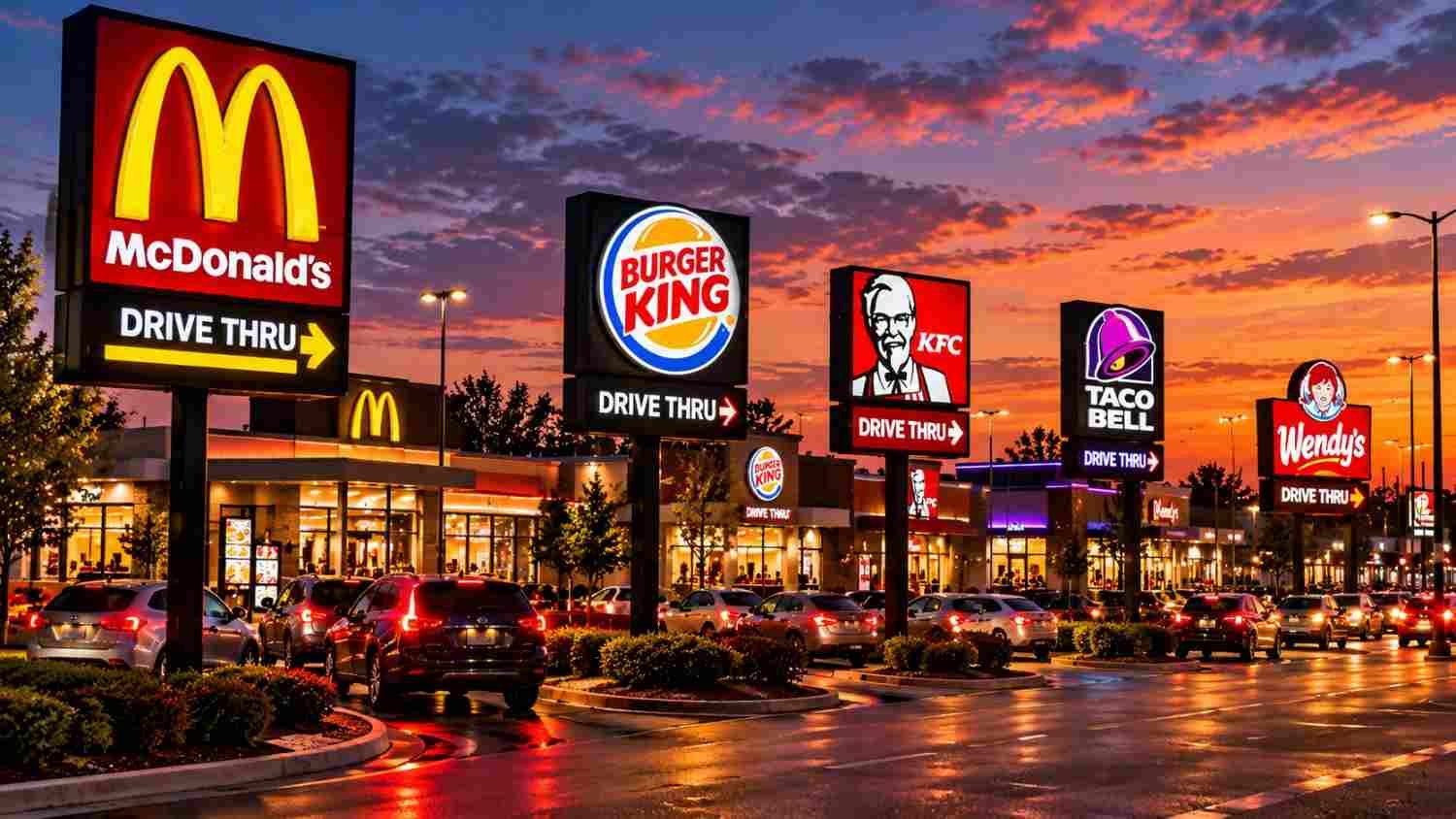 Row of fast food drive-thru signs lit up at dusk