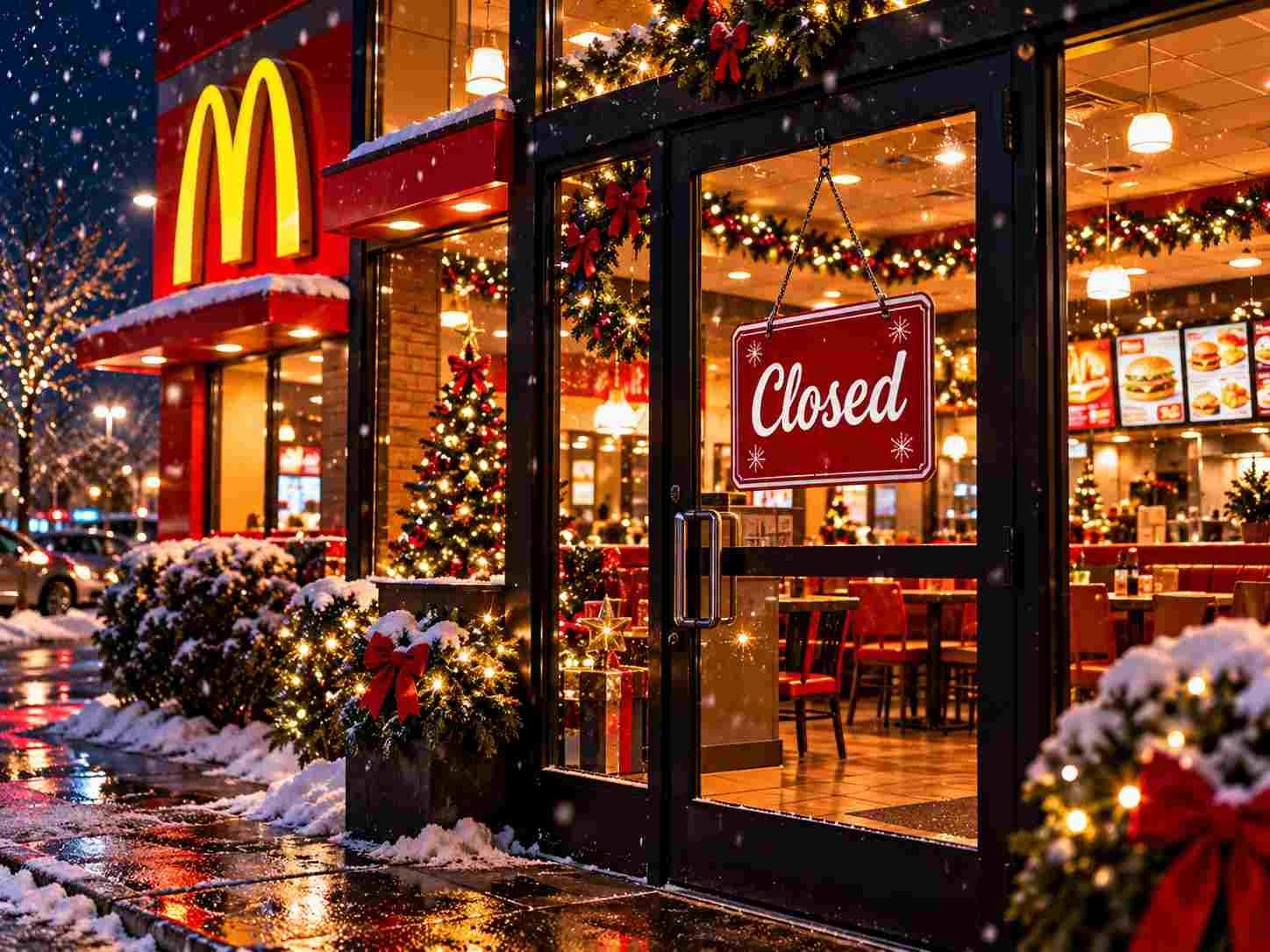 Fast food restaurant closed for the holidays with a closed sign in the window