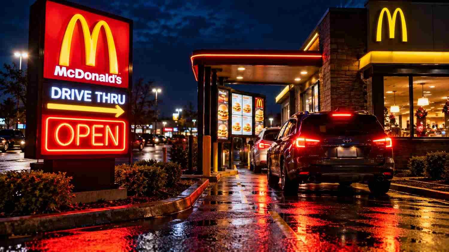 Late-night drive-thru with a glowing open sign — fast food open near me at night