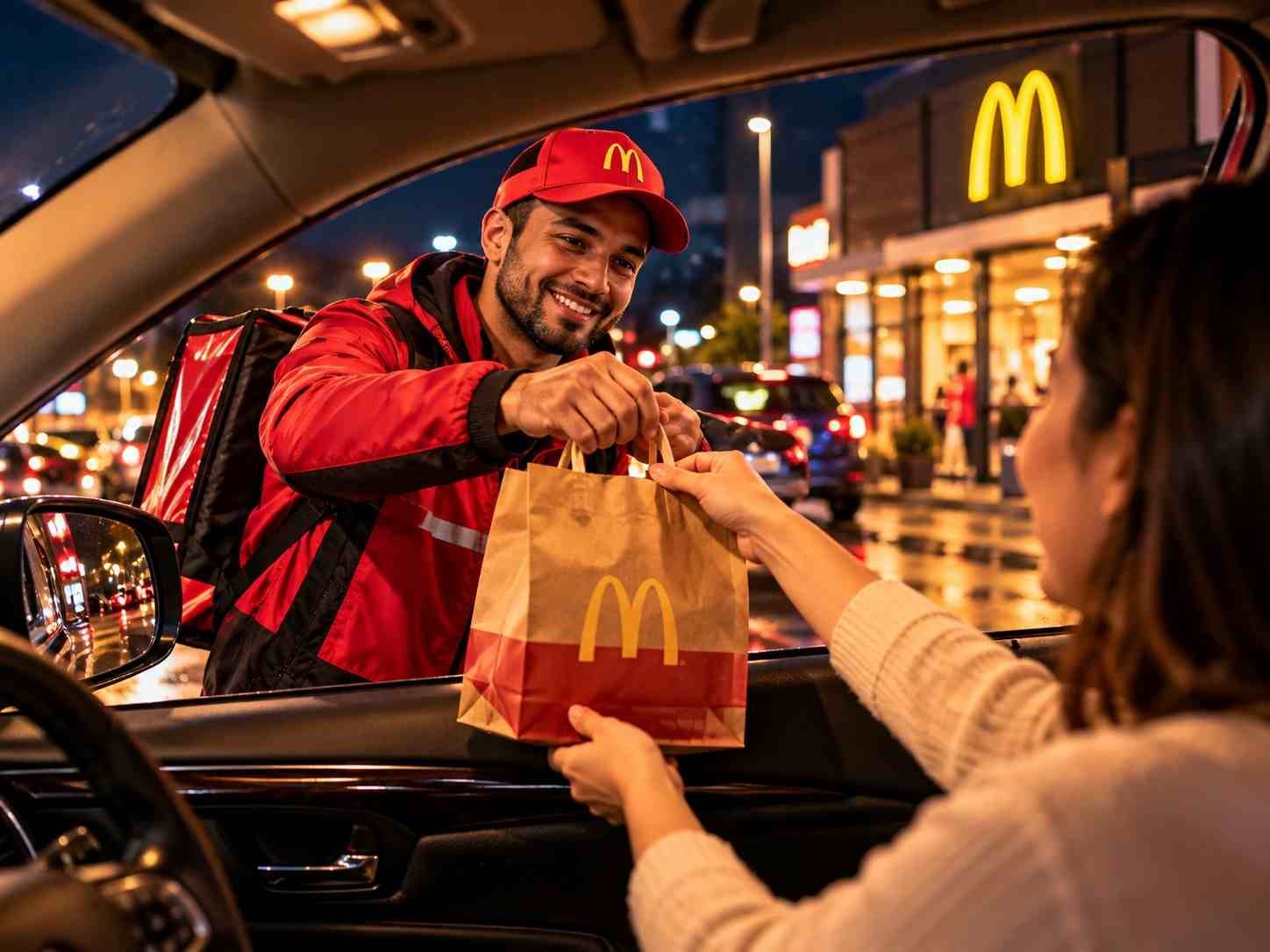 Delivery driver handing a takeout bag through a car window at night